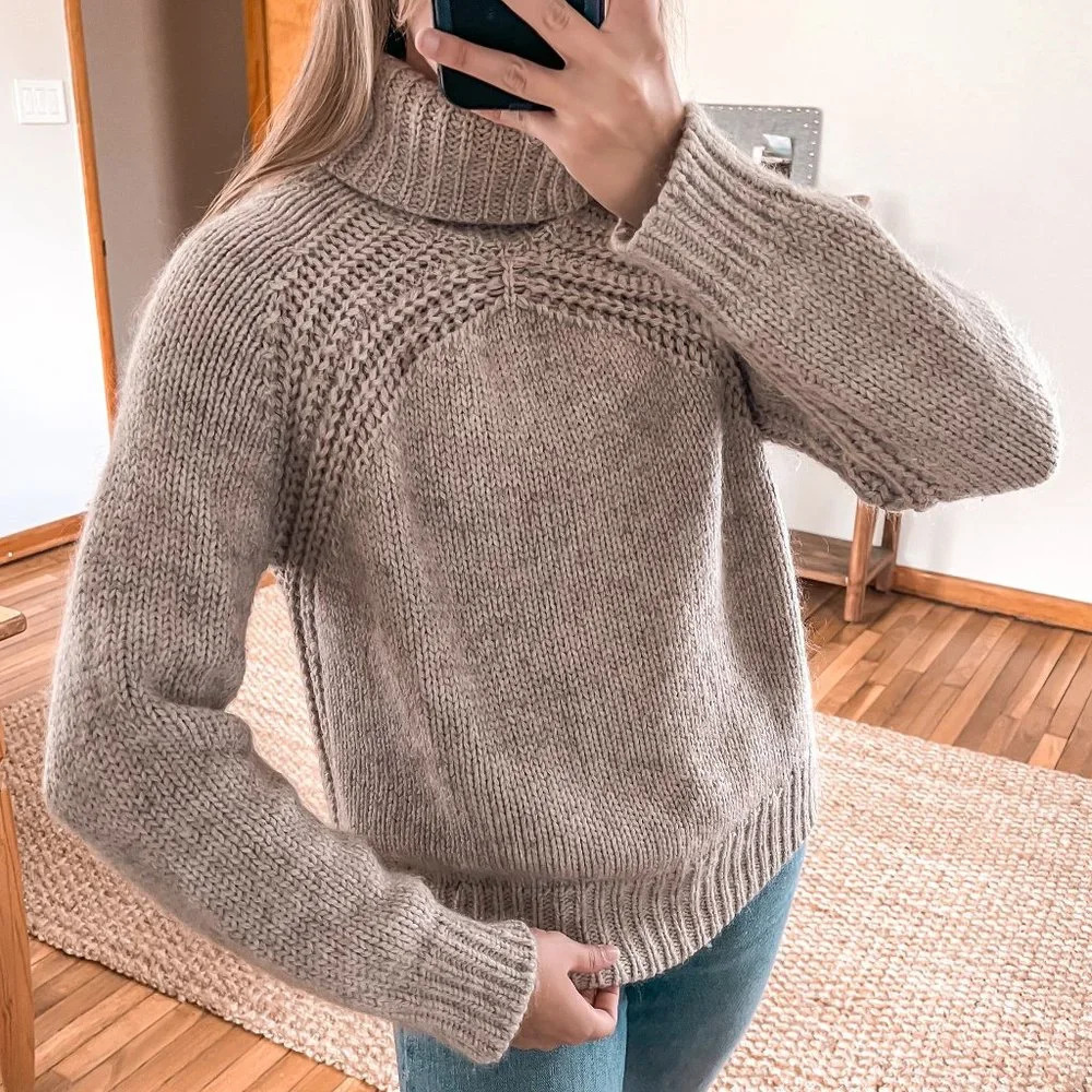 Raquel Allegra Tan Wool Mohair Blend Distressed Knit Pullover Turtleneck Sweater
